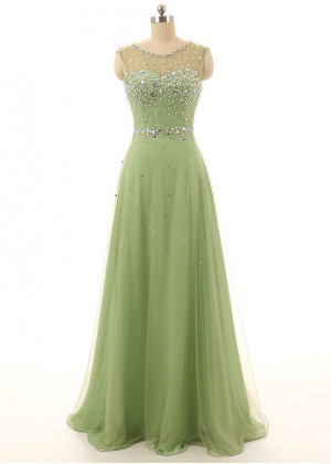 Green Tulle Beads Keyhole Back Long Prom Dress